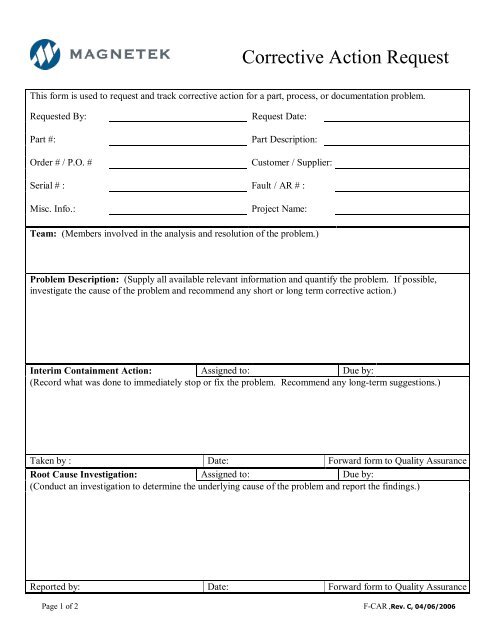 Corrective Action Request Template HQ Template Documents