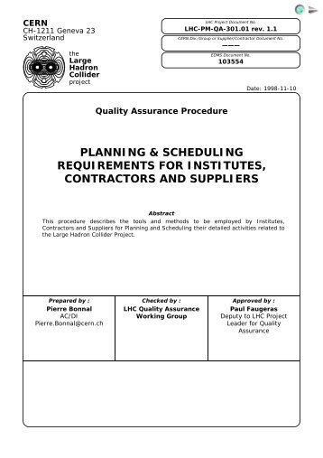 planning & scheduling requirements for institutes, contractors - CERN