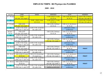 EMPLOI DU TEMPS - M2 Physique des PLASMAS 2009 - 2010 - LPP