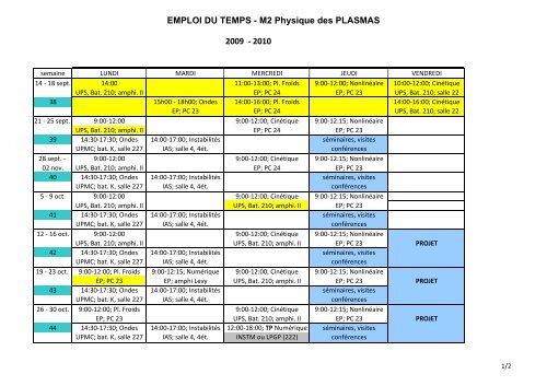 EMPLOI DU TEMPS - M2 Physique des PLASMAS 2009 - 2010 - LPP