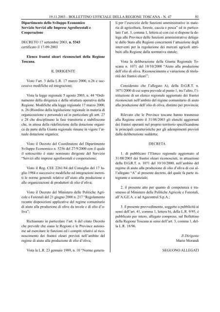 Elenco frantoi oleari riconosciuti dalla Regione Toscana