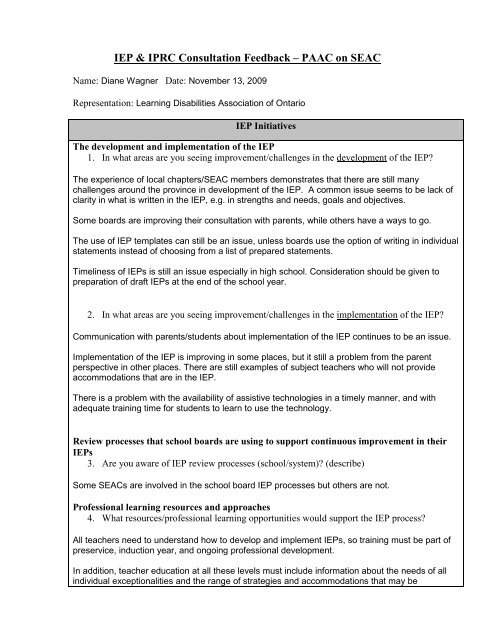 LDAO Response to IEP & IPRC Consultation with PAAC on SEAC