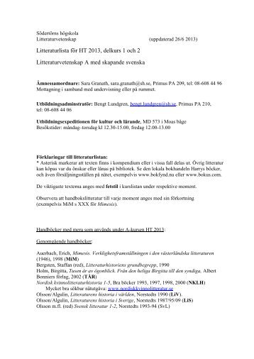 Litteraturlista fÃ¶r HT 2013, delkurs 1 och 2 Litteraturvetenskap A med ...