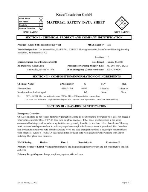 Knauf Unbonded Blowing Wool MSDS Number - Knauf Insulation