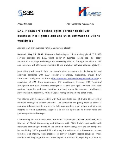 SAS, Hexaware Technologies partner to deliver business ...