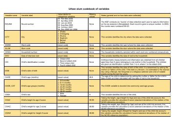 Urban slum codebook of variables