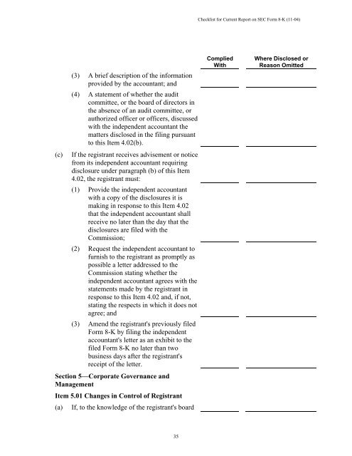 Current report on SEC Form 8-K checklist - Center for Corporate ...