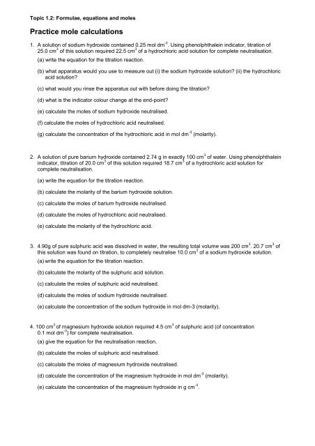 Practice Mole Calculations LGS Chemistry