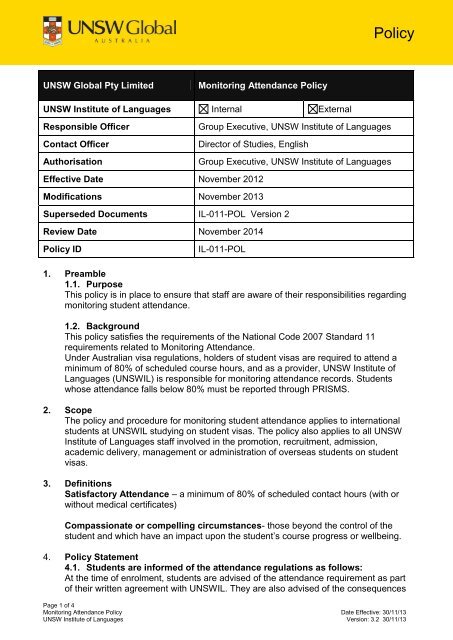 Attendance Policy and Procedure - UNSW Global Pty Limited