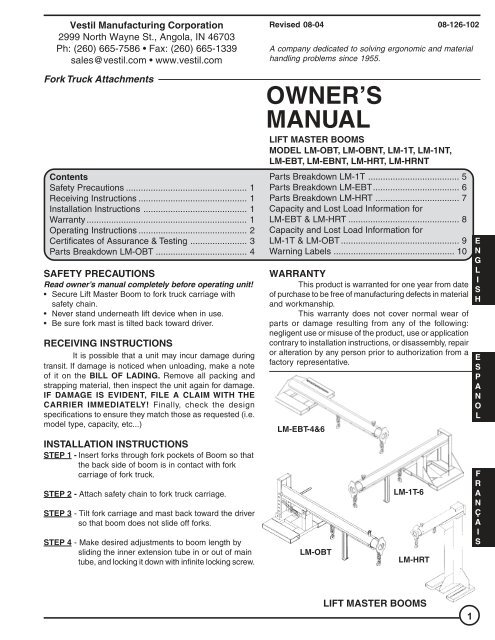 OWNER'S MANUAL - Forklift Accessories