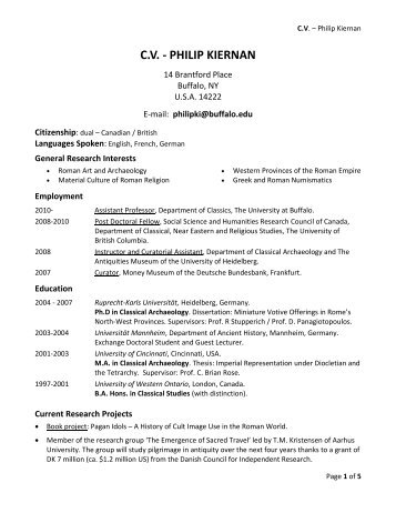 cv - philip kiernan - Department of Classics - University at Buffalo