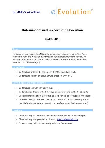 Datenimport und -export mit eEvolution