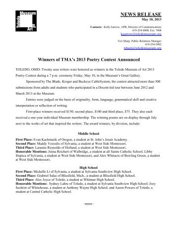 2013 Poetry Contest Winners Announced - The Toledo Museum of Art