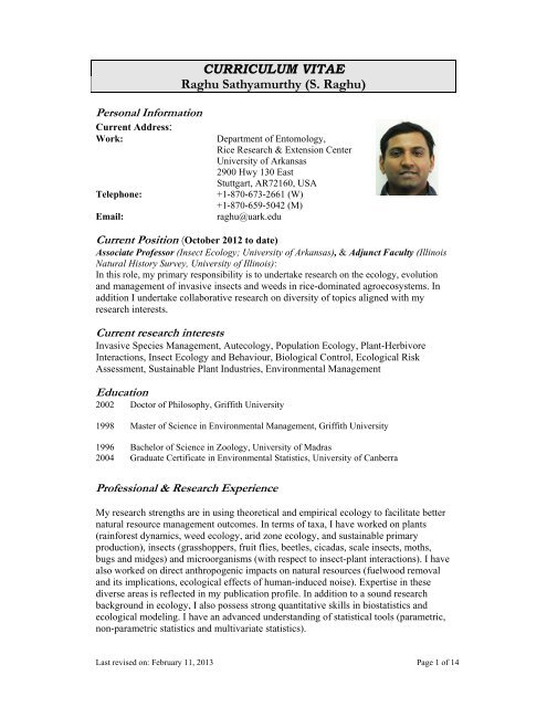 Dr. Raghu Sathyamurthy - Department of Entomology - University of ...