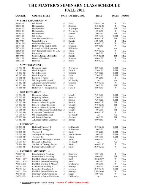 THE MASTER'S SEMINARY CLASS SCHEDULE FALL 2011