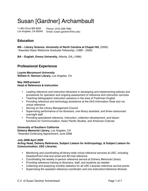 To Read My Cv William H Hannon Library Loyola Marymount
