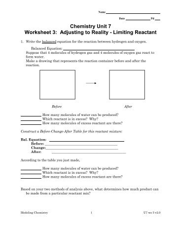 Chemistry Unit 7 Worksheet 3: Adjusting to Reality - Limiting Reactant