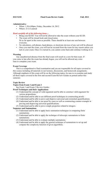 EECS210 Final Exam Review Guide Fall, 2012 Administrative â¢ When