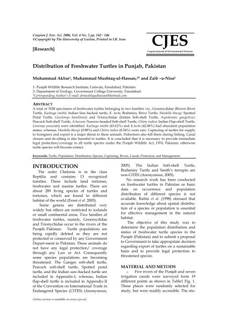 Distribution of Freshwater Turtles in Punjab, Pakistan - the Wildlife of ...
