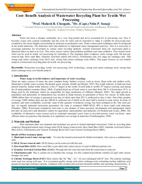 Cost- Benefit Analysis of Wastewater Recycling Plant for ... - ijcer