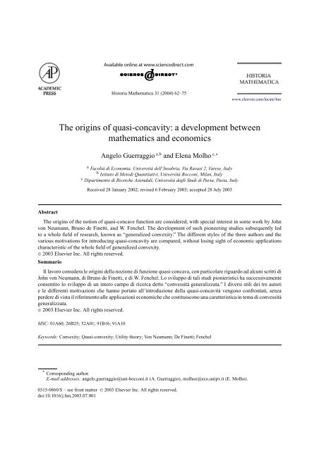 The origins of quasi-concavity: a development ... - Bruno de Finetti