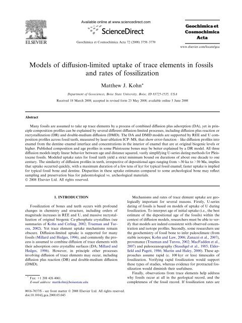 Models of diffusion-limited uptake of trace elements in fossils and ...