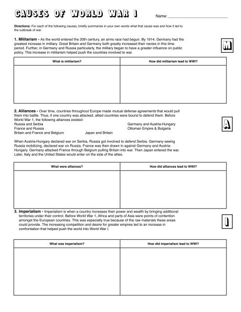 WWI MAIN Causes Worksheet