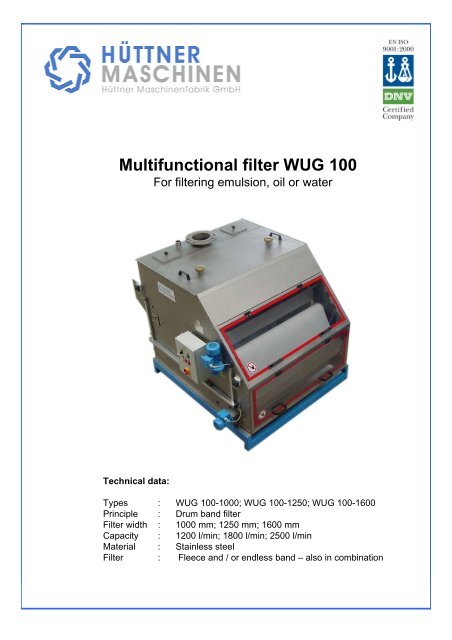 Multifunctional filter WUG 100 - Hüttner Maschinenfabrik