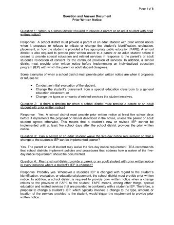 Question and Answer Document Prior Written Notice ... - Region 13