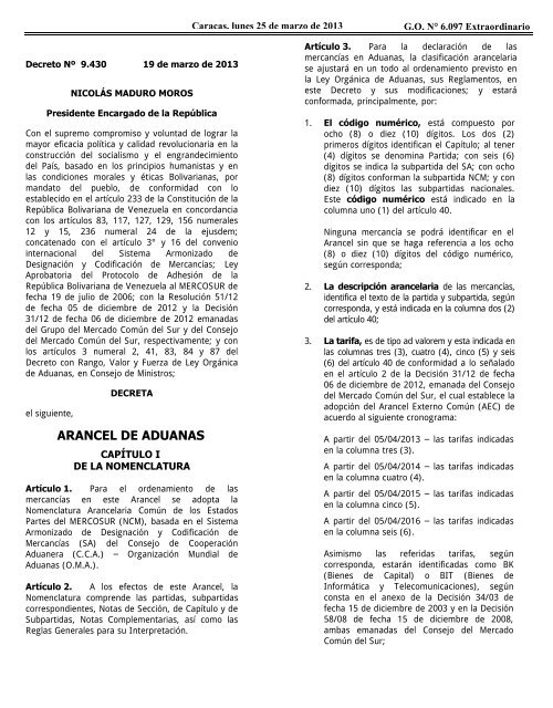 Decreto Nº 9430 Arancel De Aduanas Marzo 25 13 Cpzulia Org Decreto Nº 9430 Arancel De Aduanas Marzo 25 13 Cpzulia Org