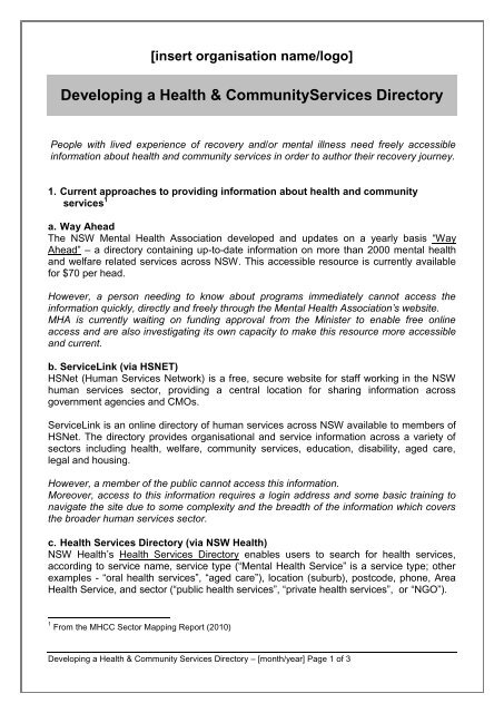 Developing a Community & Services Directory - The MHCC Policy ...