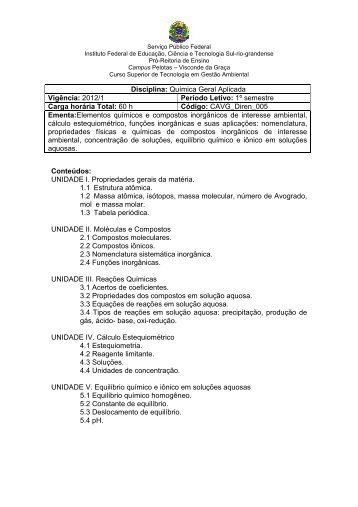 Química Geral Aplicada Vigência - Instituto Federal Sul-rio-grandense