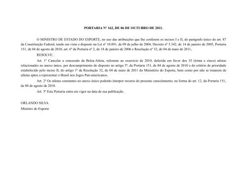 Portaria 162/2011 - MinistÃ©rio do Esporte