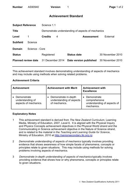 90940 Demonstrate understanding of aspects of mechanics - NZQA