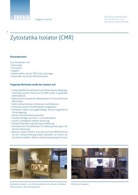 Isolatortechnik Zytostatika-Isolatoren (CMR) - ENVAIR Deutschland