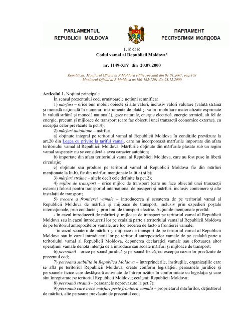 LEGE Codul vamal al Republicii Moldova* nr. 1149-XIV din ... - agepi