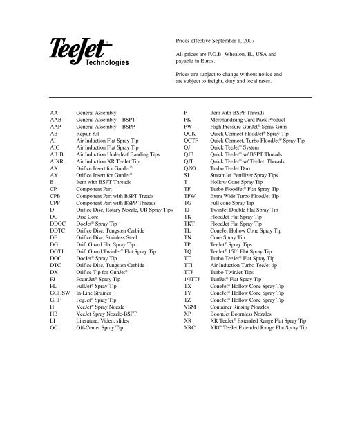 Euro Comprehensive Price List No. PL07-C - TeeJet