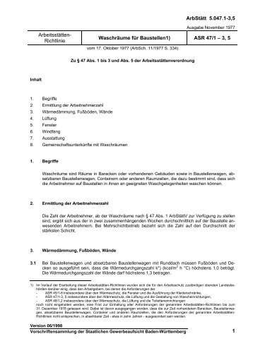 Arbeitsstätten-Richtlinie - Waschräume für Baustellen - ASR 47/1 - 3, 5