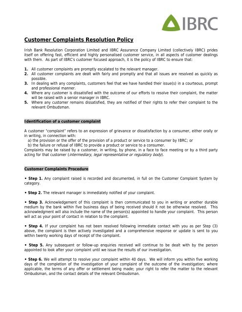 Customer Complaints Policy - Irish Bank Resolution Corporation ...