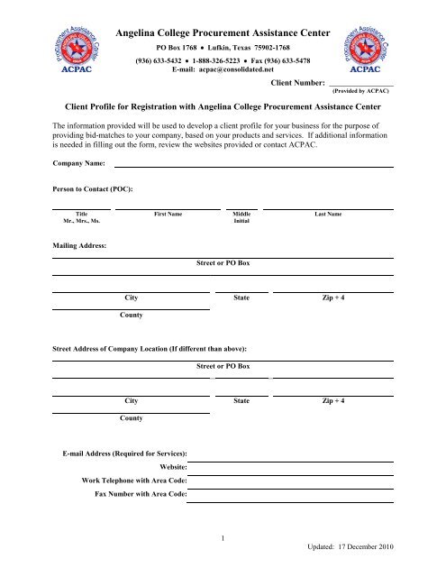Client Profile Angelina College Procurement Assistance Center