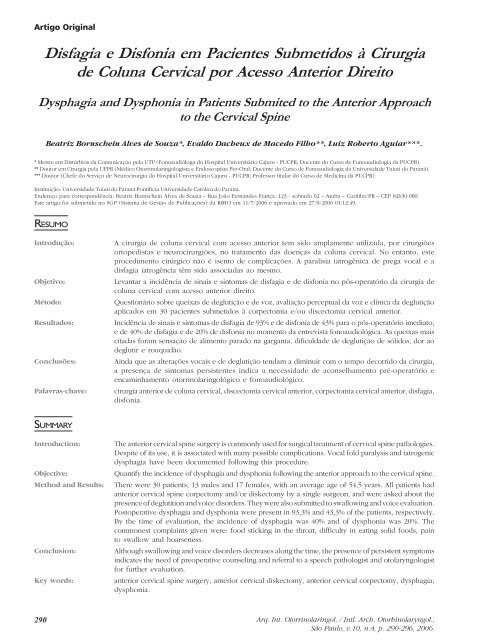 Disfagia e Disfonia em Pacientes Submetidos Ã  Cirurgia de Coluna ...