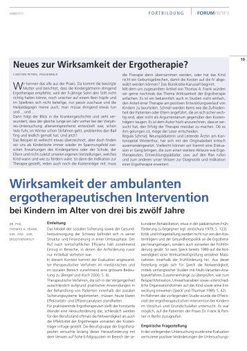 Neues zur Wirksamkeit der Ergotherapie, Zeitschrift der Schweizer ...