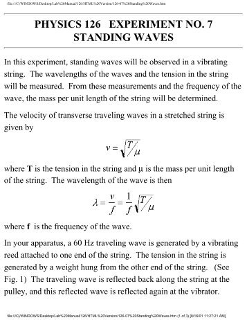 PHYSICS 126 EXPERIMENT NO. 7 STANDING WAVES