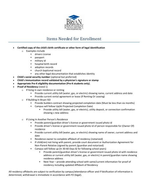 Items Needed for Enrollment - Bryan Independent School District