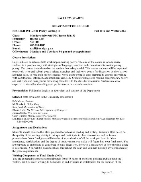 Mondays 6:30-9:15 PM - Department of English - University of Calgary