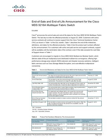 EOL/EOS for the Cisco MDS 9216A Multilayer Fabric Switch