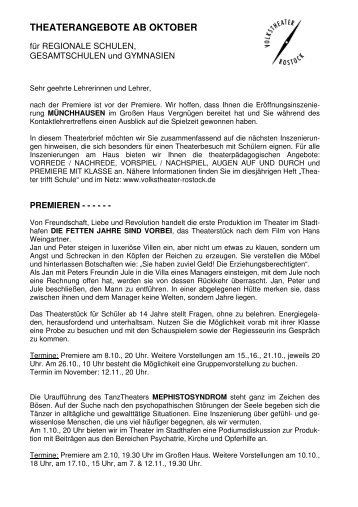 Lehrerbrief_Angebote ab Oktober 2010 - Volkstheater Rostock