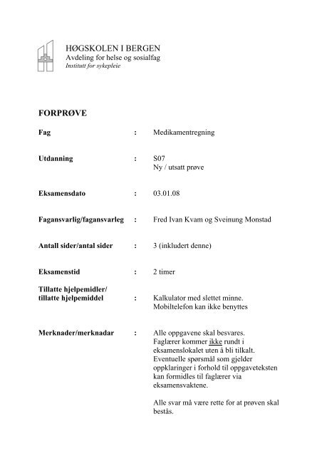 Sykepleie Medikamentregning fasit 030108 - HÃ¸gskolen i Bergen