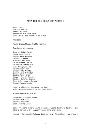 ACTA DEL PLE DE LA CORPORACIÃ - Ajuntament de Lloret de Mar