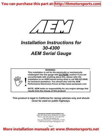 Installation Instructions for 30-4300 AEM Serial Gauge